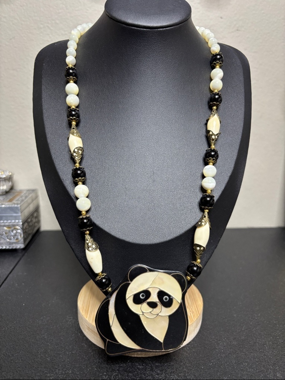 Vintage Panda Pendant Necklace Mother of Pearl Black Beaded Necklace